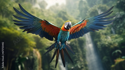 A macaw in a tropical rainforest, squawking energetically while perched high in the canopy. © Ai Studio