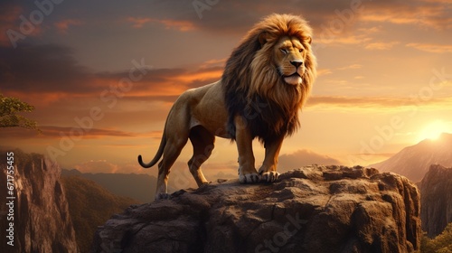 A majestic lion standing on a rocky outcrop during sunset.