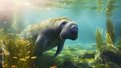 A manatee leisurely nibbling on aquatic plants, bathed in sunlit waters.