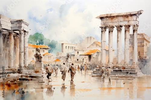 life drawing of a roman forum filled with people walking, standign columns and statues, antiquity, monochrome watercolor