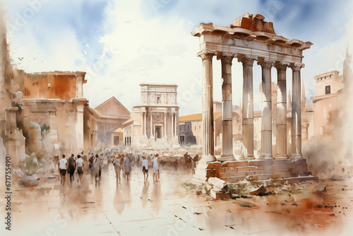 life drawing of a roman forum filled with people walking, standign columns and statues, antiquity, monochrome watercolor photo