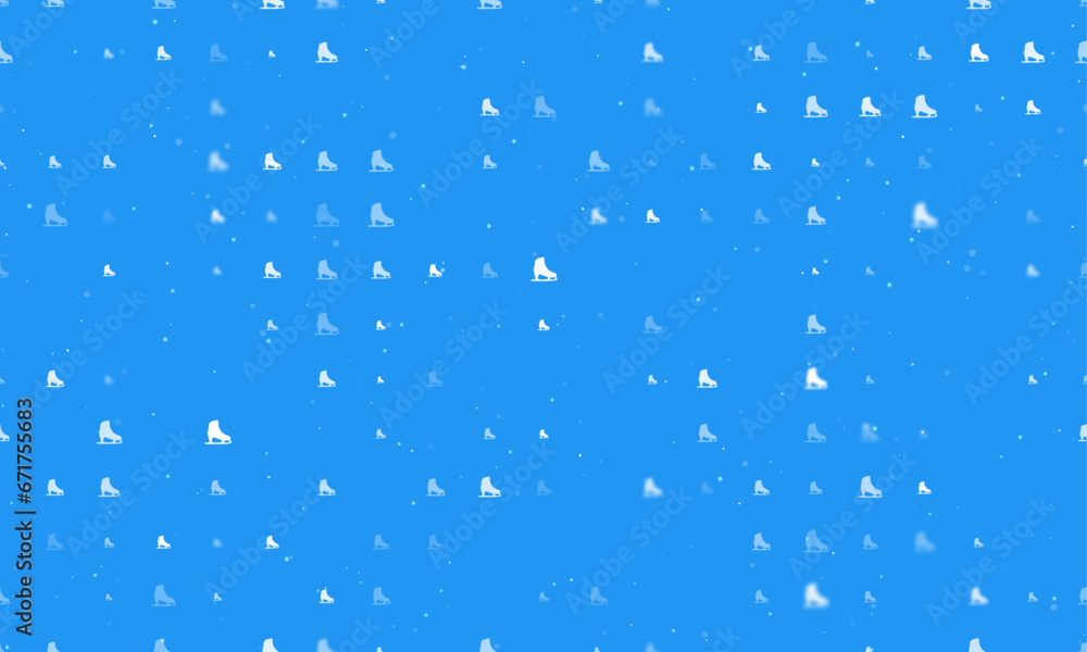 Seamless background pattern of evenly spaced white womens ice skates of different sizes and opacity. Vector illustration on blue background with stars Seamless background pattern of evenly spaced white womens ice skates of different sizes and opacity. Vector illustration on blue background with stars
