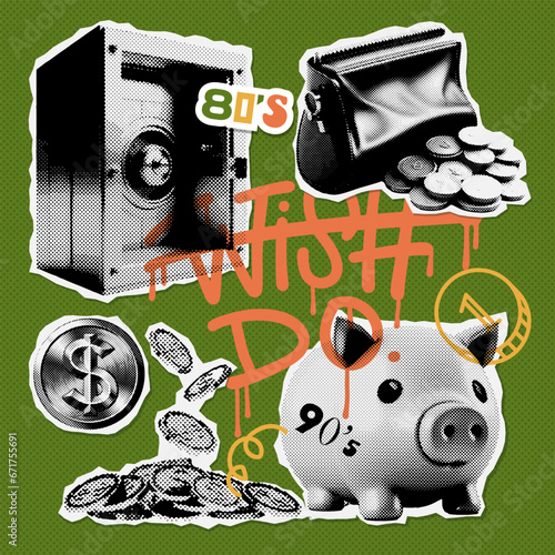 Finance and money savings retro collage stickers set. Metal safe, piggy bank, golden coins and vintage purse collection with halftones dotted texture. 80s-90s vector elements for mixed media design.