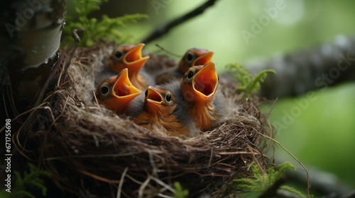A nest of chirping baby robins, mouths wide open for food.