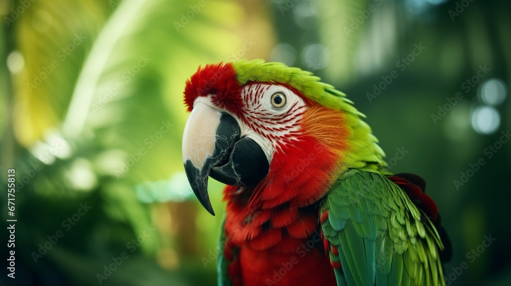 A parrot mimicking sounds in a lush, tropical environment.