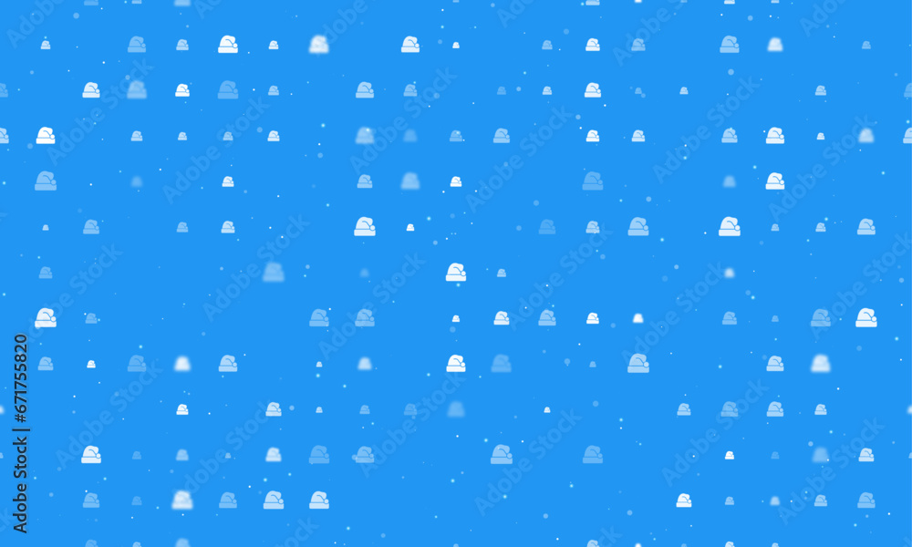 Seamless background pattern of evenly spaced white santa claus hat symbols of different sizes and opacity. Vector illustration on blue background with stars