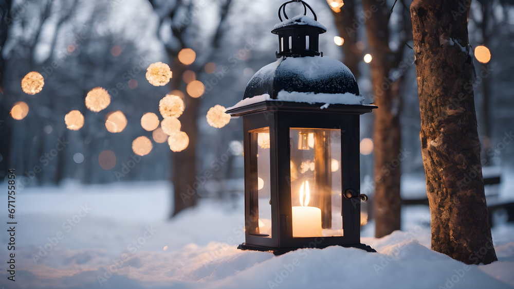 Christmas Lantern in snow with winter forest background. Christmas lantern glowing in a snowy winter day Christmas Lantern in snow with winter forest background. Christmas lantern glowing in a snowy winter day