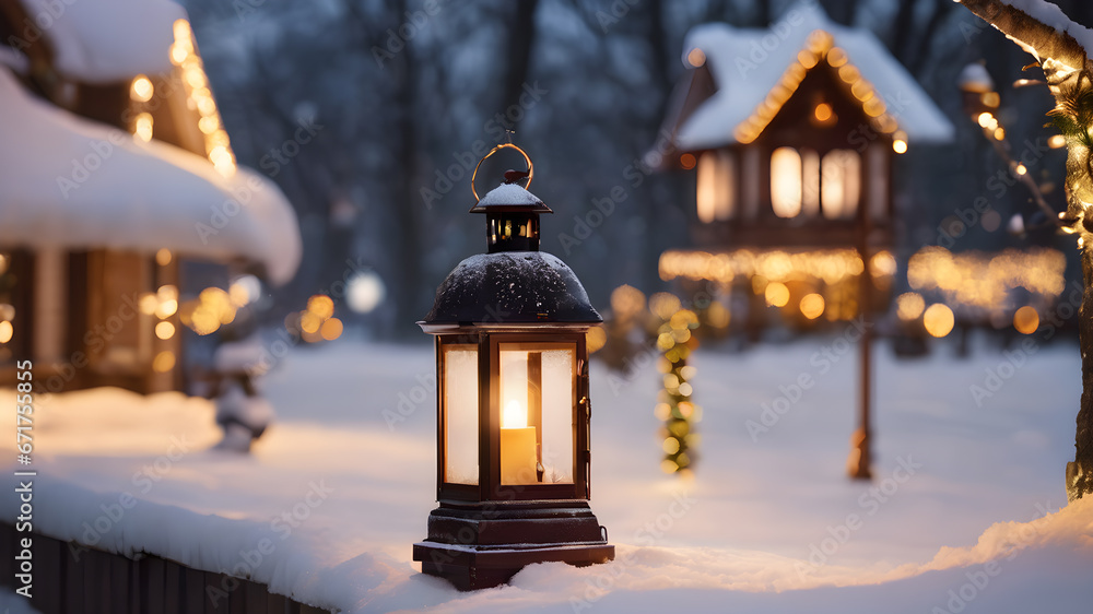 Christmas Lantern in snow with winter forest background. Christmas lantern glowing in a snowy winter day Christmas Lantern in snow with winter forest background. Christmas lantern glowing in a snowy winter day