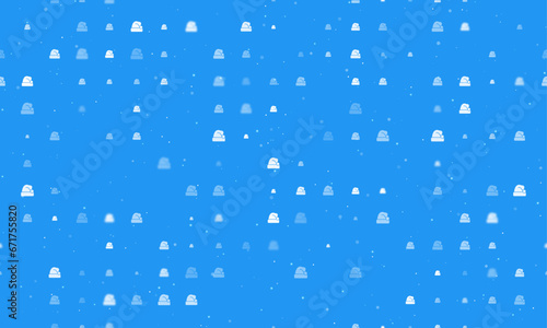 Seamless background pattern of evenly spaced white santa claus hat symbols of different sizes and opacity. Vector illustration on blue background with stars