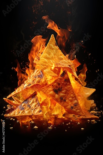 Doritos chips on fire. Hot spicy Mexican traditional snack. Generative Ai photo