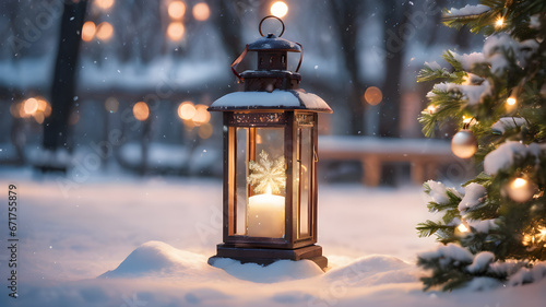Christmas Lantern in snow with winter forest background. Christmas lantern glowing in a snowy winter day