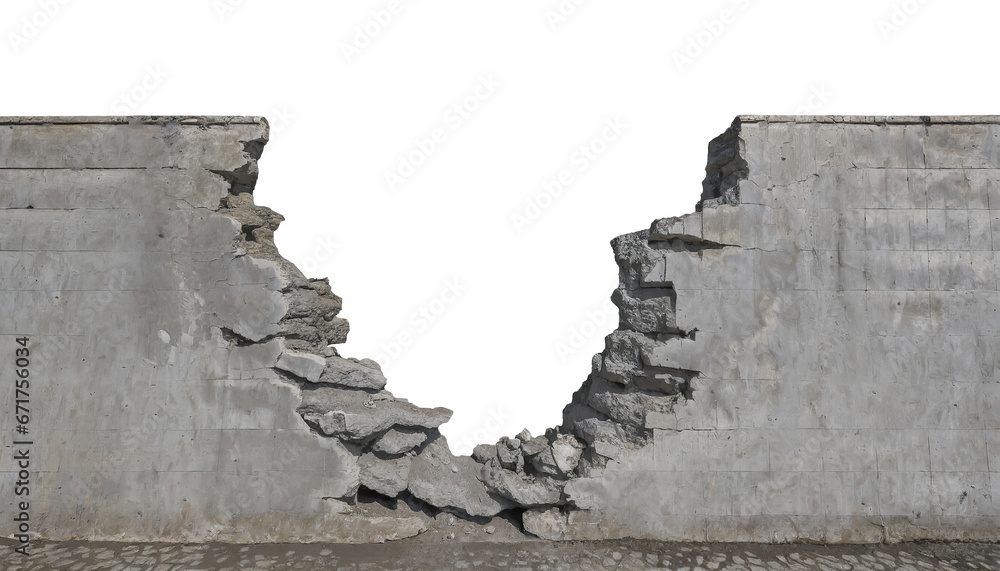 a ruined, collapsed, cracked, or broken concrete brick cement wall, isolated on a transparent background. PNG, cutout, or clipping path. - obrazy, fototapety, plakaty 