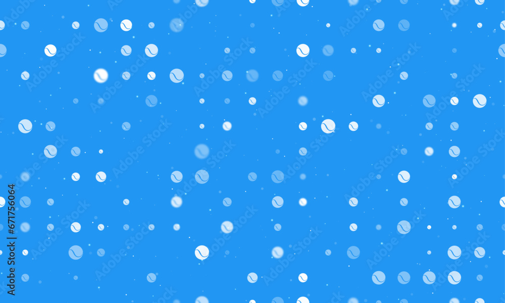 Seamless background pattern of evenly spaced white tennis balls of different sizes and opacity. Vector illustration on blue background with stars