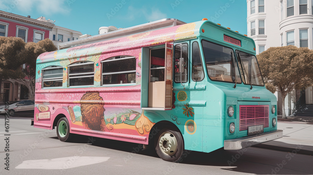 Fototapeta premium Food Truck in town Illustrative AI Illustration
