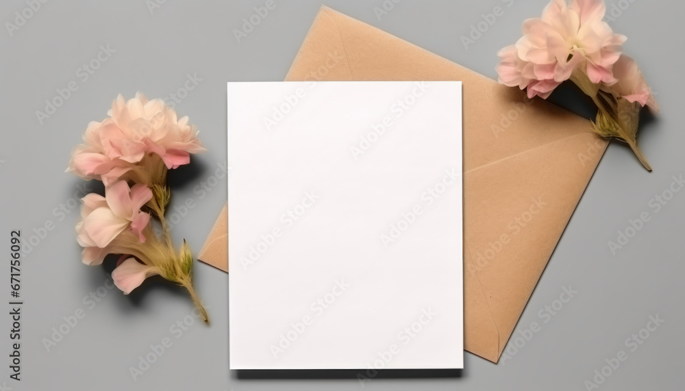 Top view greeting card or invitation mockup with envelope and dry twigs decorations and flowers, leaves Top view greeting card or invitation mockup with envelope and dry twigs decorations and flowers, leaves