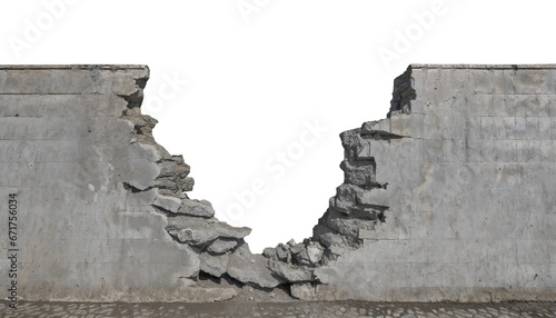 a ruined, collapsed, cracked, or broken concrete brick cement wall, isolated on a transparent background. PNG, cutout, or clipping path. photo