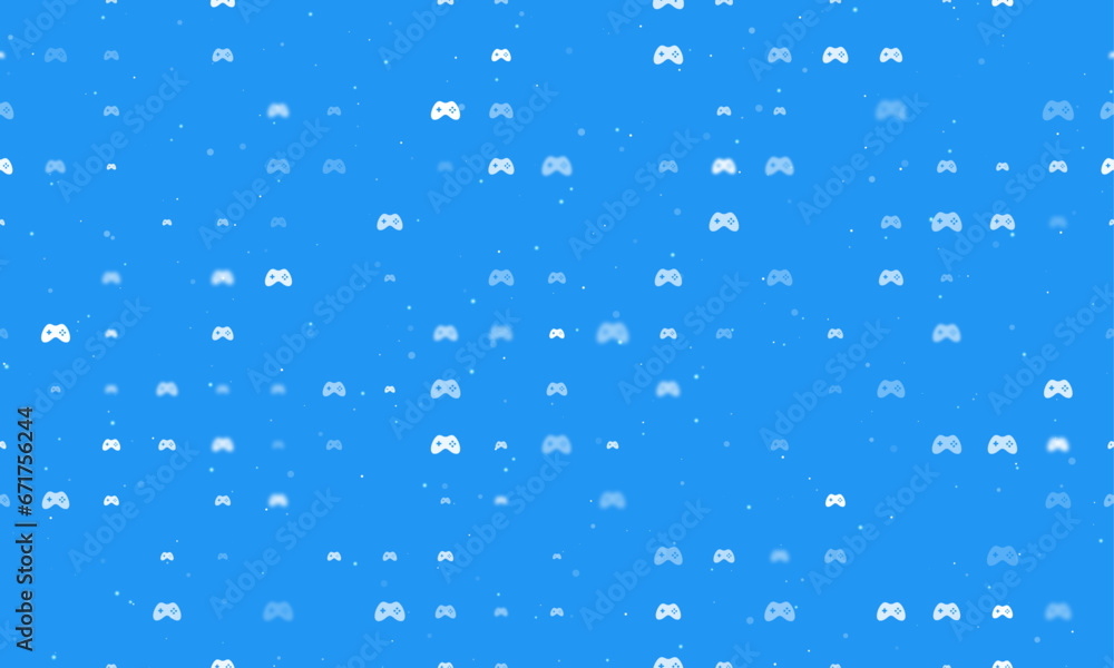 Seamless background pattern of evenly spaced white joystick symbols of different sizes and opacity. Vector illustration on blue background with stars