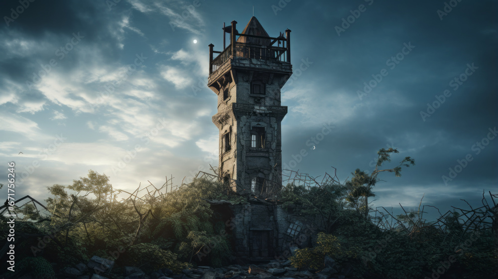 An old, abandoned tower with a window