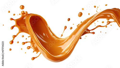 a caramel splash, sweet liquid candy swirls, and waves splashing with droplets. Isolated brown melt toffee syrup stream with splatters and dynamic motion, perfect for ads and promo design.