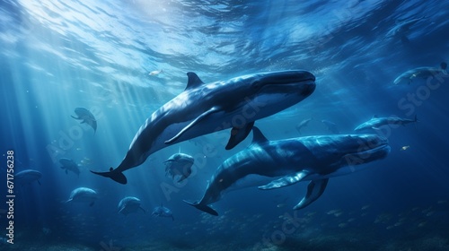 A pod of dolphins gracefully swimming alongside a group of migrating whales.