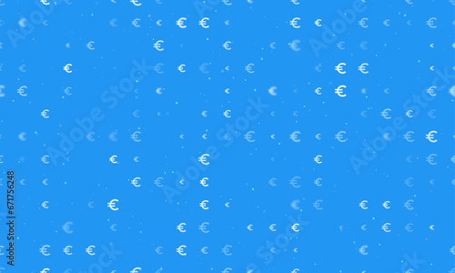 Seamless background pattern of evenly spaced white euro symbols of different sizes and opacity. Vector illustration on blue background with stars