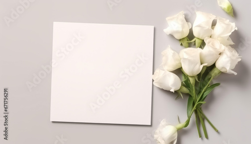 Top view greeting card or invitation mockup with envelope and dry twigs decorations and flowers, leaves © Bold24