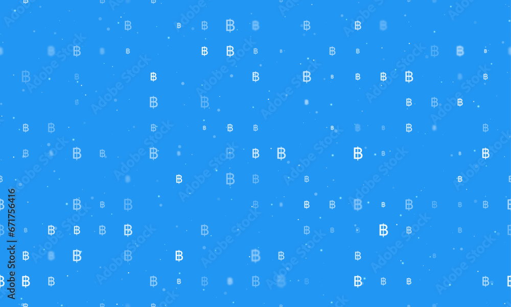 Seamless background pattern of evenly spaced white thai baht symbols of different sizes and opacity. Vector illustration on blue background with stars