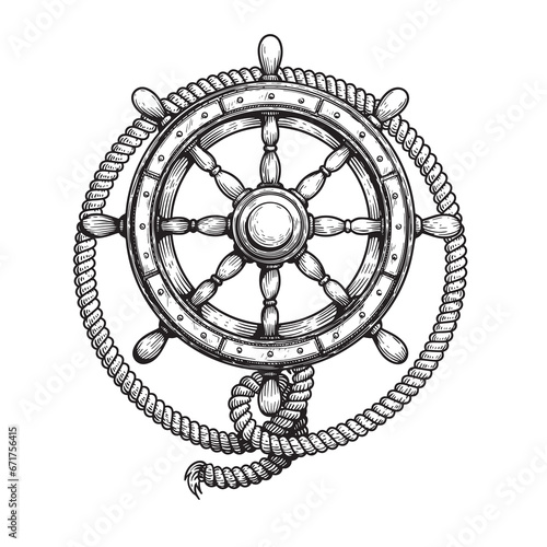 Wooden steering wheel with rope. Hand drawn ship helm sketch. Sea adventure, cruise and pirate drawing. Vector illustration