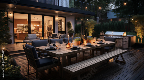 Gem  tlich gedeckter Tisch im Garten  grillen  Terrasse  Haus  Holz