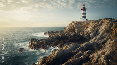 An old-fashioned lighthouse stands sentinel on a rocky cliff, overlooking an expanse of sea