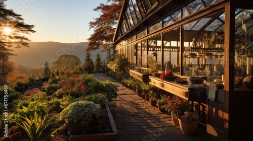 Transparent greenhouse fostering plant biodiversity, sun flare