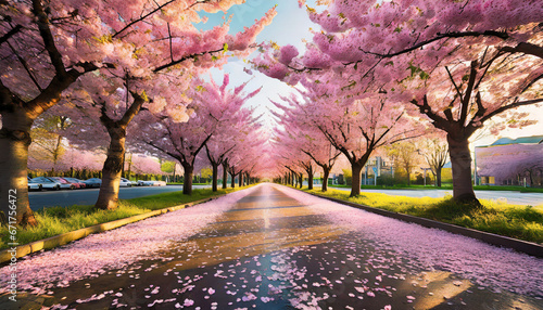 Street lined by cherry blossom trees  photo
