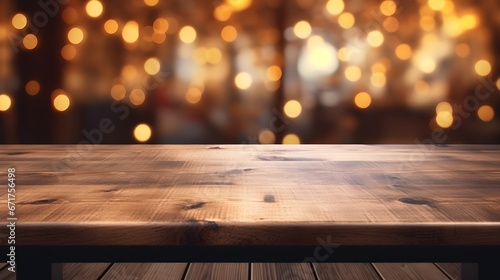 Rustic Table with Bokeh Lights Background