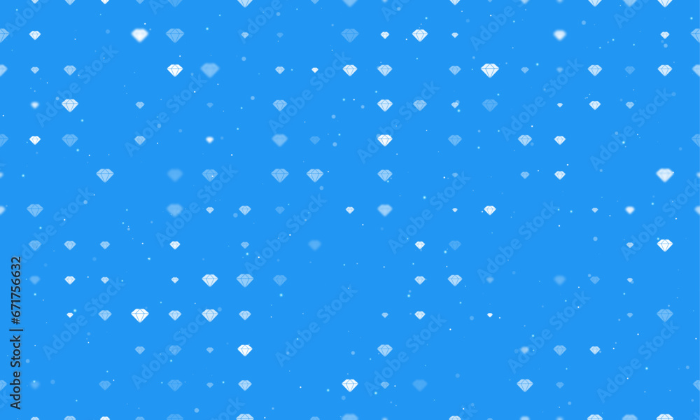 Seamless background pattern of evenly spaced white diamond symbols of different sizes and opacity. Vector illustration on blue background with stars