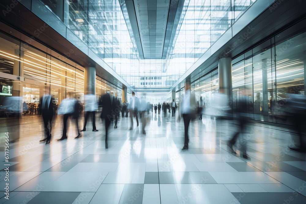 Blurred Silhouettes of Business People in lobby of modern business center. Abstract light motion blur effects