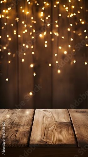 Rustic Wooden Table with Blurry Lights Background