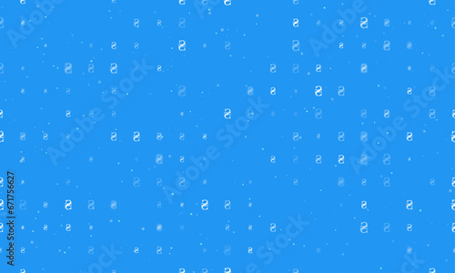 Seamless background pattern of evenly spaced white hryvnia symbols of different sizes and opacity. Vector illustration on blue background with stars