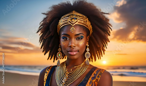Beautiful adult african girl in bright, colorful make-up on a beach
