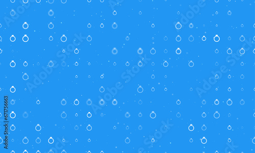 Seamless background pattern of evenly spaced white diamond ring symbols of different sizes and opacity. Vector illustration on blue background with stars