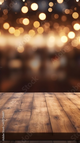 Rustic Wooden Table with Blurry Lights Background