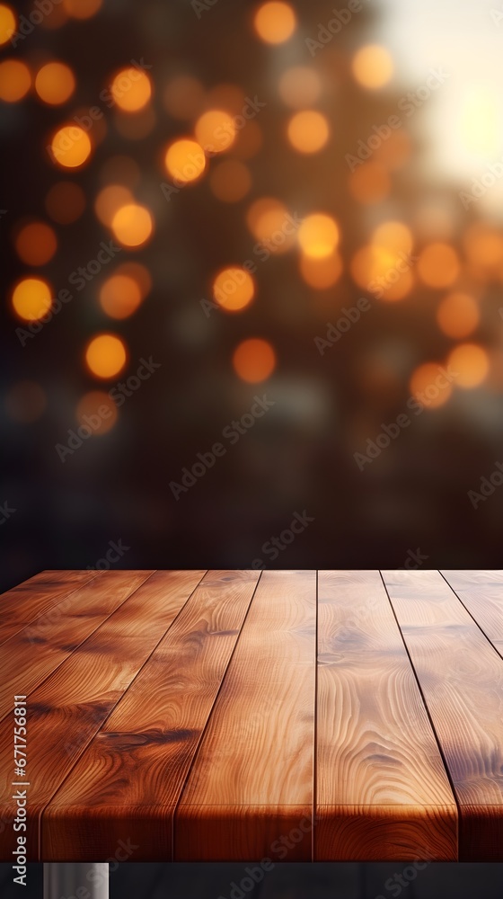 Rustic Wooden Table with Blurry Lights Background Rustic Wooden Table with Blurry Lights Background