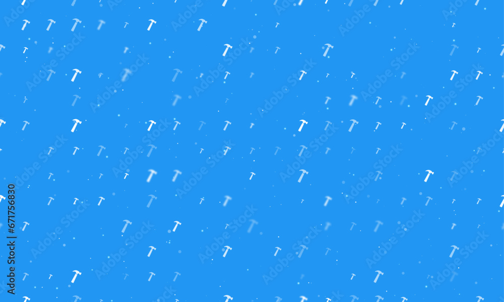 Seamless background pattern of evenly spaced white hammer symbols of different sizes and opacity. Vector illustration on blue background with stars