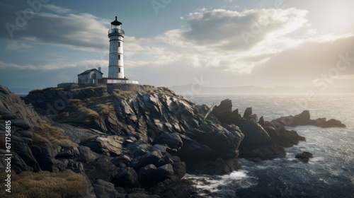 An old-fashioned lighthouse stands sentinel on a rocky cliff, overlooking an expanse of sea