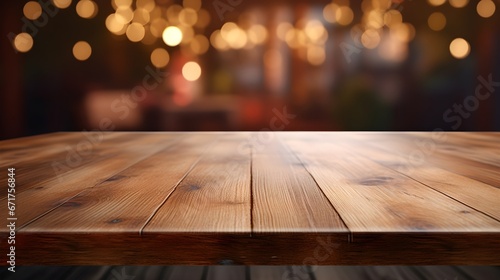 Rustic Wooden Table with Blurry Lights Background