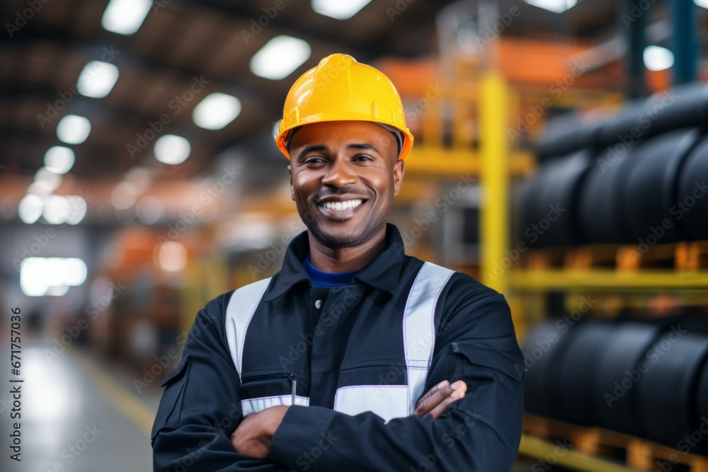 A modern large factory with containers in the background, one worker with a hard hat on their head with his arms folded confidently looking at us and smiling A modern large factory with containers in the background, one worker with a hard hat on their head with his arms folded confidently looking at us and smiling