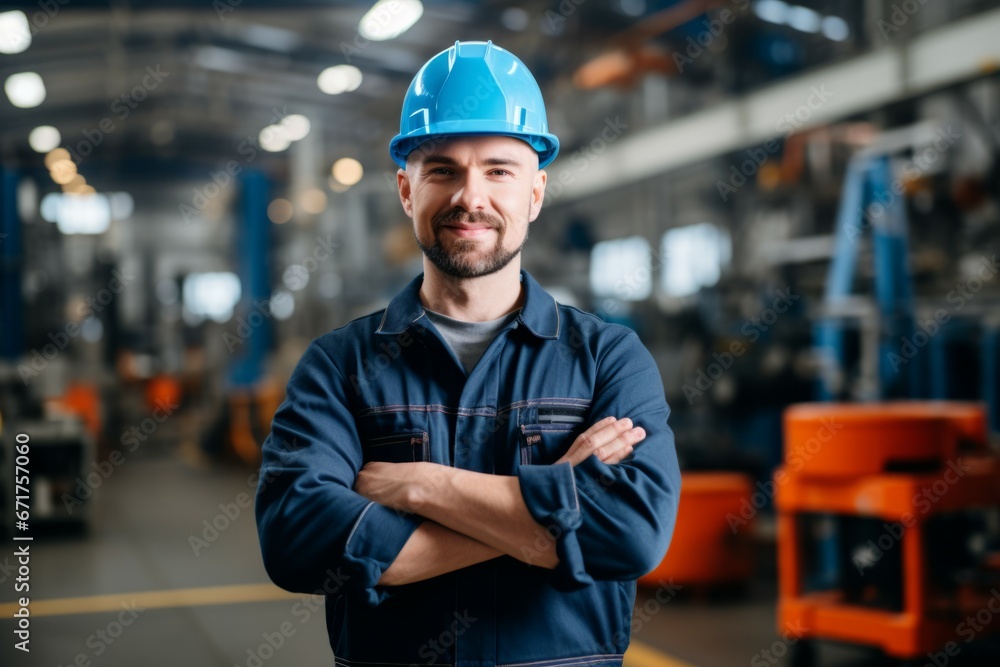 A modern large factory with containers in the background, one worker with a hard hat on their head with his arms folded confidently looking at us and smiling A modern large factory with containers in the background, one worker with a hard hat on their head with his arms folded confidently looking at us and smiling