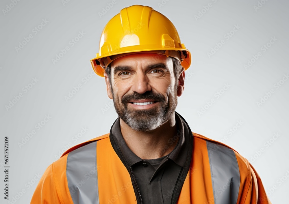 A worker with a hard hat on their head with his arms folded confidently looking at us and smiling on white isolated background
