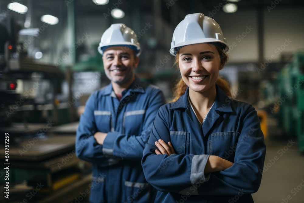 A modern large factory with containers in the background, one woman worker with a hard hat on their head with his arms folded confidently looking at us and smiling A modern large factory with containers in the background, one woman worker with a hard hat on their head with his arms folded confidently looking at us and smiling