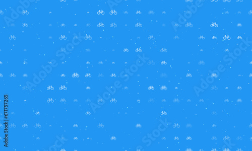 Seamless background pattern of evenly spaced white bicycle symbols of different sizes and opacity. Vector illustration on blue background with stars © Alexey