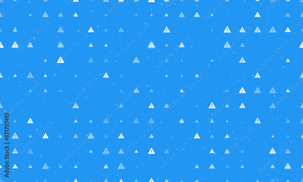 Seamless background pattern of evenly spaced white warning symbols of different sizes and opacity. Vector illustration on blue background with stars Seamless background pattern of evenly spaced white warning symbols of different sizes and opacity. Vector illustration on blue background with stars